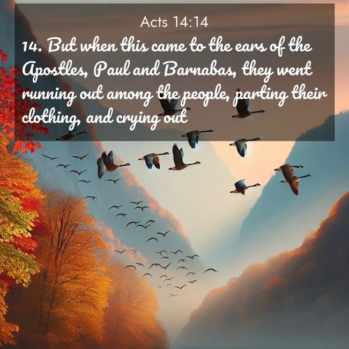 BasicEnglish Acts  ; image nature: image with the bible verse :But when this came to the ears of the Apostles, Paul and Barnabas, they went running out among the people, parting their clothing, and crying out, ; Discover Bible images adorned with spring landscapes, like tulip fields, cherry blossoms, and green hills. These bright scenes symbolize God&#039;s renewal and grace. Download verses like KJV Acts 14:14. Current verse is overlayed with the thematic nature scene : Wild geese arrow through autumn skies. Their calls echo off mountain walls. ; 14:14