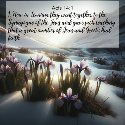 BasicEnglish Acts  ; image nature: image with the bible verse :Now in Iconium they went together to the Synagogue of the Jews and gave such teaching that a great number of Jews and Greeks had faith. ; Download Bible verse images paired with breathtaking nature photos like golden deserts, shimmering seas, and blossoming orchards. These high-quality, free images are perfect for wallpapers or sharing. Verses include KJV Acts 14:1. Current verse is overlayed with the thematic nature scene : Wild irises pierce winter&#039;s last snow. Alpine light sets their petals ablaze. ; 14:1