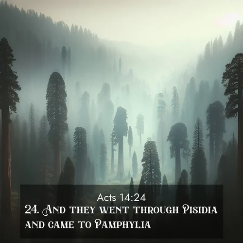 BasicEnglish Acts  ; image nature: image with the bible verse :And they went through Pisidia and came to Pamphylia. ; Admire Bible verse images illustrated by summer photos, such as sunny beaches, sparkling waves, and swaying palm trees. These bright scenes highlight the joy and warmth of God&#039;s creation. Download and share verses like KJV Acts 14:24. Current verse is overlayed with the thematic nature scene : Ancient sequoias pierce through valley fog. Centuries of growth reach for filtered light. ; 14:24