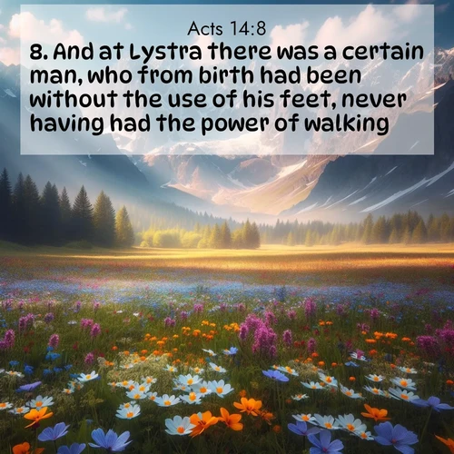 BasicEnglish Acts  ; image nature: image with the bible verse :And at Lystra there was a certain man, who from birth had been without the use of his feet, never having had the power of walking. ; Discover beautiful Bible verse images enriched with natural landscapes, from serene beaches to cascading waterfalls. All images are free and ready to download. Share verses such as KJV Acts 14:8. Current verse is overlayed with the thematic nature scene : Spring wildflowers carpet an alpine meadow beneath snow-capped peaks. ; 14:8