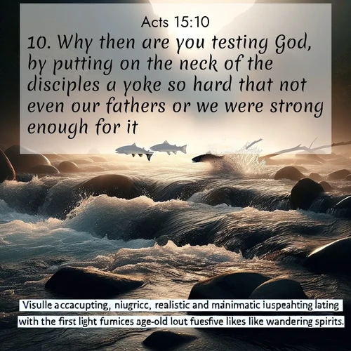BasicEnglish Acts  ; image nature: image with the bible verse :Why then are you testing God, by putting on the neck of the disciples a yoke so hard that not even our fathers or we were strong enough for it? ; Admire our gallery of Bible verse images showcasing divine beauty in nature—whether snowy peaks or serene oceans. Each image is freely downloadable and perfect for personal or spiritual use. Share verses like KJV Acts 15:10. Current verse is overlayed with the thematic nature scene : Wild salmon leap ancient rapids. Mist rises like spirits at dawn. ; 15:10