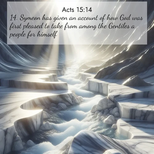 BasicEnglish Acts  ; image nature: image with the bible verse :Symeon has given an account of how God was first pleased to take from among the Gentiles a people for himself. ; Browse an inspiring gallery of Bible verse images with nature photos, such as blooming gardens, golden deserts, and shaded forests. The chosen images capture the peaceful and joyful essence of God&#039;s creation, with vibrant colors and harmonious fonts. Share verses like KJV Acts 15:14. Current verse is overlayed with the thematic nature scene : Mountain streams carve marble smooth. Sunlight dances on clear pools. ; 15:14
