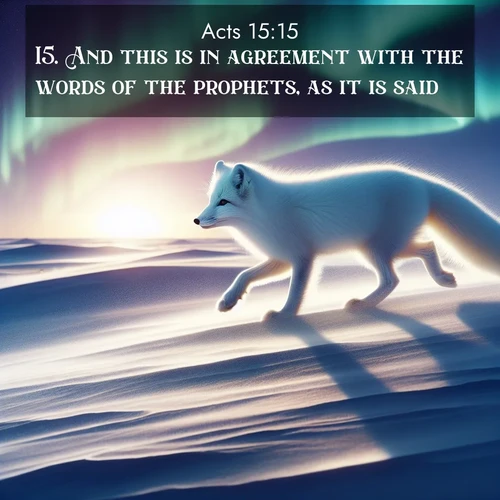 BasicEnglish Acts  ; image nature: image with the bible verse :And this is in agreement with the words of the prophets, as it is said, ; Discover our curated gallery of Bible verse images with breathtaking scenery, from tranquil deserts to lush green pastures. Perfect for phone wallpapers or sharing online. Download verses like KJV Acts 15:15. Current verse is overlayed with the thematic nature scene : An arctic fox hunts across windswept tundra. Northern lights paint its white coat in pastels. ; 15:15