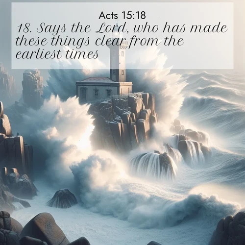 BasicEnglish Acts  ; image nature: image with the bible verse :Says the Lord, who has made these things clear from the earliest times. ; Access a vast collection of Bible verse images illustrated with natural landscapes like calm rivers, blooming fields, and bright horizons. These images emphasize the serenity and splendor of God&#039;s creation, accompanied by aesthetic fonts and joyful colors. Download verses like KJV Acts 15:18 and share them. Current verse is overlayed with the thematic nature scene : Winter storms send massive waves crashing against lighthouse rocks. ; 15:18