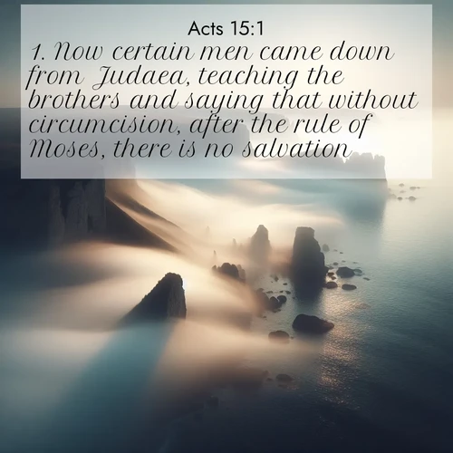 BasicEnglish Acts  ; image nature: image with the bible verse :Now certain men came down from Judaea, teaching the brothers and saying that without circumcision, after the rule of Moses, there is no salvation. ; Explore beautiful Bible verse images paired with serene natural settings, such as calm seas, snowy paths, and verdant hills. Each image is free to download for your spiritual inspiration. Share KJV Acts 15:1. Current verse is overlayed with the thematic nature scene : Coastal fog reveals and conceals seaside cliffs. ; 15:1