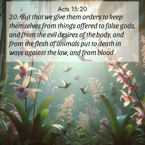 BasicEnglish Acts  ; image nature: image with the bible verse :But that we give them orders to keep themselves from things offered to false gods, and from the evil desires of the body, and from the flesh of animals put to death in ways against the law, and from blood. ; Admire stunning Bible verse images paired with photos of peaceful landscapes, such as foggy mornings, serene rivers, and blooming gardens. Download these free images and share verses like KJV Acts 15:20. Current verse is overlayed with the thematic nature scene : Wild orchids bloom in rainforest canopy. Hummingbirds dance between delicate petals. ; 15:20