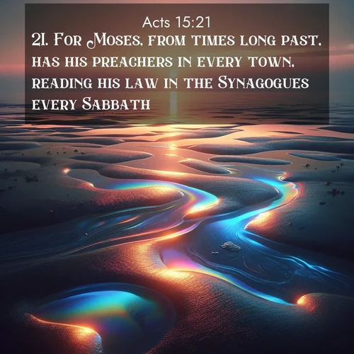 BasicEnglish Acts  ; image nature: image with the bible verse :For Moses, from times long past, has his preachers in every town, reading his law in the Synagogues every Sabbath. ; Admire Bible verse images illustrated by desert scenes, such as sunsets over dunes, majestic rocks, and solitary cacti. These images capture the majesty of God in arid places. Download and share verses like KJV Acts 15:21. Current verse is overlayed with the thematic nature scene : Tidal pools reflect sunset colors at low tide. ; 15:21