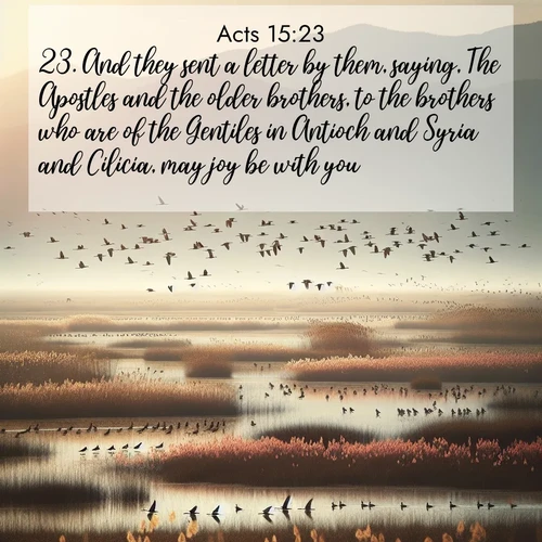 BasicEnglish Acts  ; image nature: image with the bible verse :And they sent a letter by them, saying, The Apostles and the older brothers, to the brothers who are of the Gentiles in Antioch and Syria and Cilicia, may joy be with you: ; Admire Bible verse images illustrated by desert scenes, such as sunsets over dunes, majestic rocks, and solitary cacti. These images capture the majesty of God in arid places. Download and share verses like KJV Acts 15:23. Current verse is overlayed with the thematic nature scene : Spring migration fills marshlands with calling birds. ; 15:23