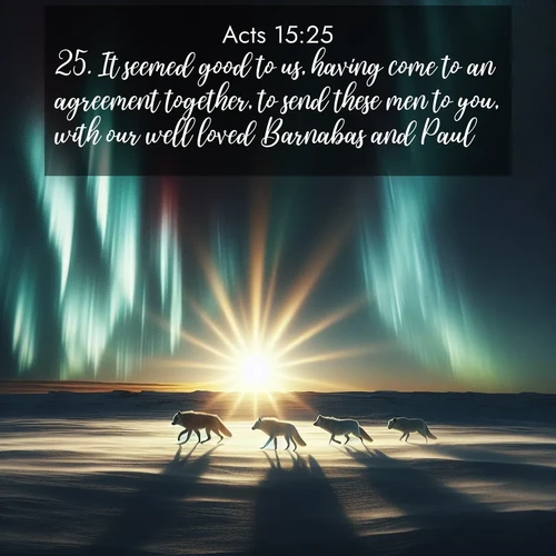 BasicEnglish Acts  ; image nature: image with the bible verse :It seemed good to us, having come to an agreement together, to send these men to you, with our well loved Barnabas and Paul, ; Download stunning Bible verse images paired with nature scenes like rolling clouds, sparkling waters, and vibrant flower fields. These free images are perfect for spiritual reflection or wallpaper use. Share KJV Acts 15:25. Current verse is overlayed with the thematic nature scene : Arctic wolves traverse windswept tundra. Northern lights paint their fur in shifting colors. ; 15:25