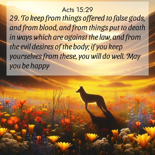BasicEnglish Acts  ; image nature: image with the bible verse :To keep from things offered to false gods, and from blood, and from things put to death in ways which are against the law, and from the evil desires of the body; if you keep yourselves from these, you will do well. May you be happy. ; Dive into our collection of Bible verses paired with breathtaking desert landscapes, featuring infinite dunes, shaded oases, and desert sunsets. These images highlight the majestic grandeur of God&#039;s creation. Download and share verses like KJV Acts 15:29. Current verse is overlayed with the thematic nature scene : Spring wildflowers carpet Death Valley in gold. A coyote&#039;s silhouette melts into the blooms. ; 15:29