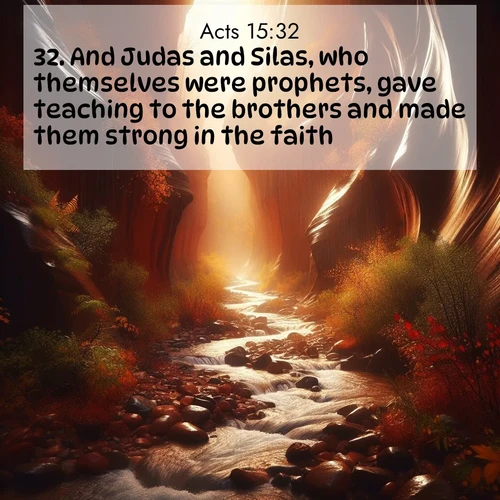 BasicEnglish Acts  ; image nature: image with the bible verse :And Judas and Silas, who themselves were prophets, gave teaching to the brothers and made them strong in the faith. ; Explore a spring collection of Bible images, with landscapes of green hills, wildflowers, and crystal-clear streams. These images symbolize the blossoming of God&#039;s creation. Download verses like KJV Acts 15:32. Current verse is overlayed with the thematic nature scene : Autumn rain creates temporary streams in slot canyons. ; 15:32