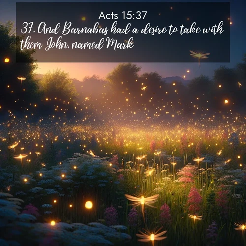 BasicEnglish Acts  ; image nature: image with the bible verse :And Barnabas had a desire to take with them John, named Mark. ; Download high-resolution Bible verse images showcasing the beauty of God&#039;s creation—from radiant sunsets to tranquil rivers. Free for use as wallpapers or sharing verses like KJV Acts 15:37. Current verse is overlayed with the thematic nature scene : Fireflies dance above a spring meadow filled with singing crickets. ; 15:37