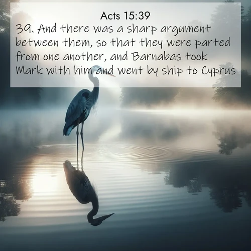 BasicEnglish Acts  ; image nature: image with the bible verse :And there was a sharp argument between them, so that they were parted from one another, and Barnabas took Mark with him and went by ship to Cyprus; ; Explore our gallery of inspiring Bible verse images showcasing divine beauty through nature. Download scenic images like snowy peaks, lush meadows, or radiant sunsets paired with verses like KJV Acts 15:39. Current verse is overlayed with the thematic nature scene : A great blue heron stands motionless in morning fog. Ripples spread from its reflection. ; 15:39