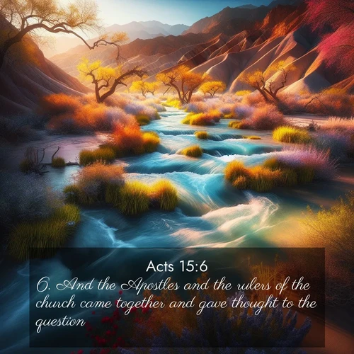BasicEnglish Acts  ; image nature: image with the bible verse :And the Apostles and the rulers of the church came together and gave thought to the question. ; Discover breathtaking Bible verse images combined with vibrant landscapes like rolling hills, blooming gardens, and starry nights. Use them as wallpapers or to inspire others. Download verses like KJV Acts 15:6. Current verse is overlayed with the thematic nature scene : Spring floods transform desert arroyos into rushing streams. ; 15:6