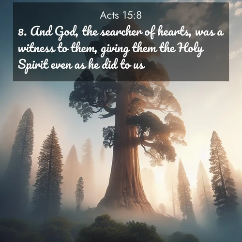 BasicEnglish Acts  ; image nature: image with the bible verse :And God, the searcher of hearts, was a witness to them, giving them the Holy Spirit even as he did to us; ; Dive into our collection of Bible verse images beautifully illustrated with beach photos, featuring gentle waves, sunsets over the sea, and sandy shores. These scenes evoke the peace and majesty of God. Download and share inspiring verses like KJV Acts 15:8. Current verse is overlayed with the thematic nature scene : A giant sequoia reaches through morning fog. Centuries of growth stretch skyward in silent majesty. ; 15:8