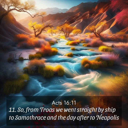 BasicEnglish Acts  ; image nature: image with the bible verse :So, from Troas we went straight by ship to Samothrace and the day after to Neapolis; ; Browse our library of beautiful Bible verse images, perfect for wallpapers or sharing. Each verse is paired with serene natural landscapes like misty mountains, calming beaches, and colorful sunsets. Download and enjoy verses such as KJV Acts 16:11. Current verse is overlayed with the thematic nature scene : Spring floods transform desert arroyos into rushing streams. ; 16:11