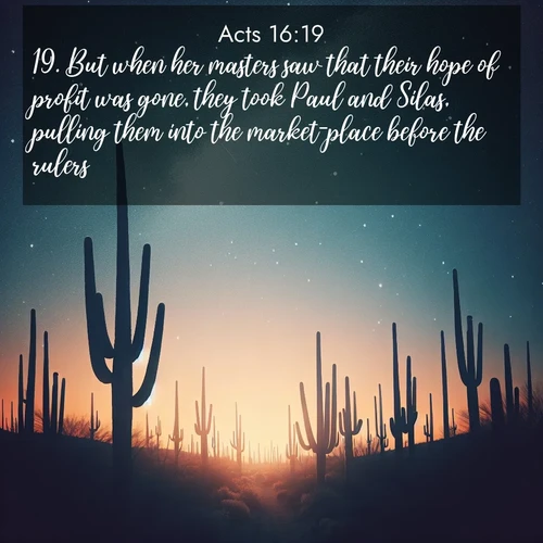 BasicEnglish Acts  ; image nature: image with the bible verse :But when her masters saw that their hope of profit was gone, they took Paul and Silas, pulling them into the market-place before the rulers; ; Discover beautiful Bible verse images that combine inspiring scripture with captivating nature photos. Download high-quality images featuring lush valleys, peaceful streams, and endless horizons like KJV Acts 16:19. Current verse is overlayed with the thematic nature scene : Desert stars shine brilliantly above towering saguaro silhouettes. ; 16:19