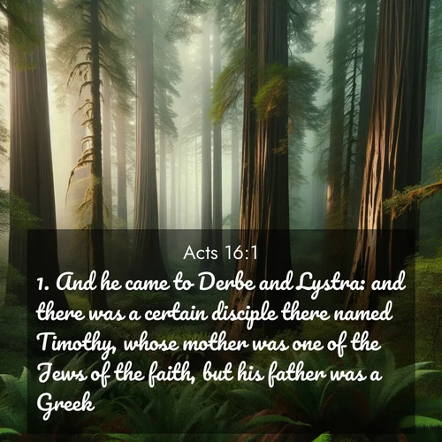 BasicEnglish Acts  ; image nature: image with the bible verse :And he came to Derbe and Lystra: and there was a certain disciple there named Timothy, whose mother was one of the Jews of the faith, but his father was a Greek; ; Explore a collection of inspiring Bible verse images accompanied by winter photos, such as snowy landscapes, frosted trees, and frozen lakes. These images reflect the peace and purity of God&#039;s creation, with elegant fonts and luminous colors. Download and share verses like KJV Acts 16:1. Current verse is overlayed with the thematic nature scene : Coastal redwoods disappear into the fog high above a fern grove. ; 16:1