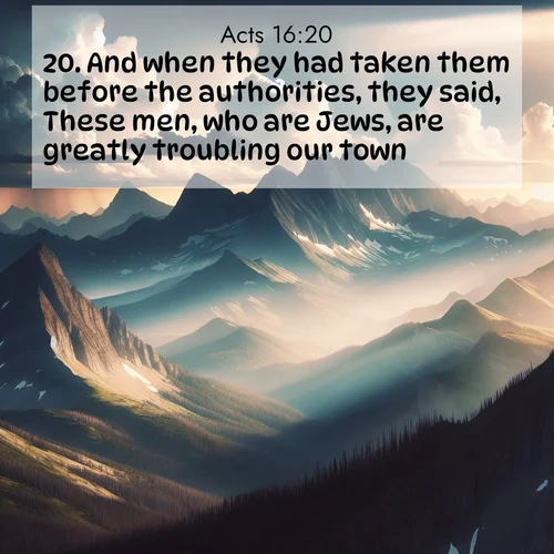 BasicEnglish Acts  ; image nature: image with the bible verse :And when they had taken them before the authorities, they said, These men, who are Jews, are greatly troubling our town; ; Admire Bible images evoking autumn, with warm colors of fallen leaves, harvested fields, and tranquil woods. These inspiring landscapes reflect the transition and beauty of God&#039;s creation. Download verses like KJV Acts 16:20. Current verse is overlayed with the thematic nature scene : Summer storms build over mountain peaks at midday. ; 16:20