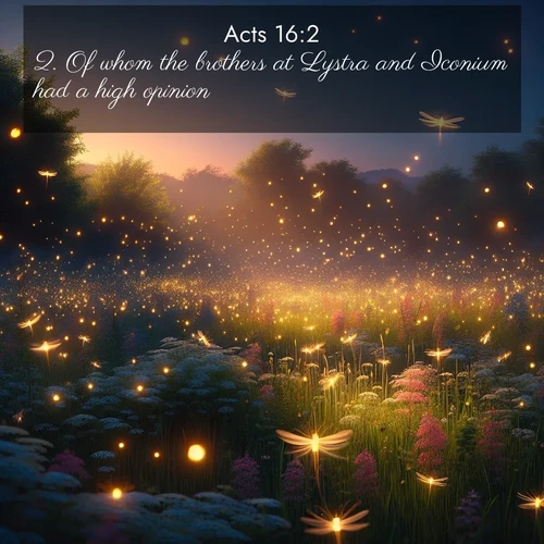 BasicEnglish Acts  ; image nature: image with the bible verse :Of whom the brothers at Lystra and Iconium had a high opinion. ; Browse an inspiring gallery of Bible verse images with nature photos, such as blooming gardens, golden deserts, and shaded forests. The chosen images capture the peaceful and joyful essence of God&#039;s creation, with vibrant colors and harmonious fonts. Share verses like KJV Acts 16:2. Current verse is overlayed with the thematic nature scene : Fireflies dance above a spring meadow filled with singing crickets. ; 16:2