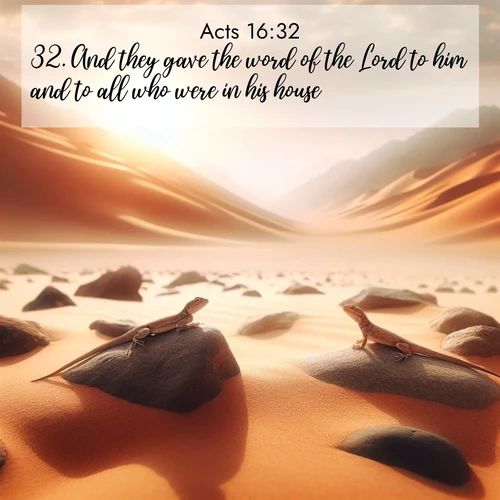BasicEnglish Acts  ; image nature: image with the bible verse :And they gave the word of the Lord to him and to all who were in his house. ; Browse our collection of Bible verses paired with captivating photos of God’s creation, like crystal-clear lakes, majestic cliffs, and colorful skies. All images are free for download and sharing. Verse examples include KJV Acts 16:32. Current verse is overlayed with the thematic nature scene : Desert lizards bask on sun-hot rocks. Heat mirages dance like water. ; 16:32