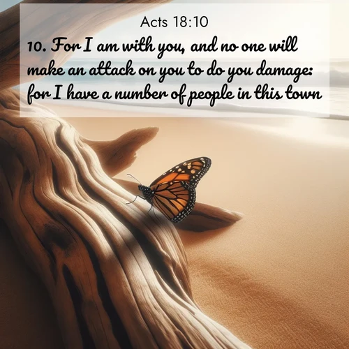 BasicEnglish Acts  ; image nature: image with the bible verse :For I am with you, and no one will make an attack on you to do you damage: for I have a number of people in this town. ; Browse a gallery of Bible verses paired with summer scenes, such as golden wheat fields, bright skies, and sunny beaches. These images convey the joy and warmth of God&#039;s creation. Download and share verses like KJV Acts 18:10. Current verse is overlayed with the thematic nature scene : A single monarch butterfly alights on a sun-bleached driftwood log. Waves crash endlessly on the empty beach beyond. ; 18:10