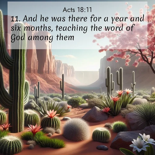 BasicEnglish Acts  ; image nature: image with the bible verse :And he was there for a year and six months, teaching the word of God among them. ; Discover Bible images capturing the splendor of deserts, with golden dunes, vast skies, and peaceful oases. These landscapes highlight the grandeur and serenity of God&#039;s creation. Share verses like KJV Acts 18:11. Current verse is overlayed with the thematic nature scene : Desert cacti burst with spring blooms against red sandstone formations. ; 18:11