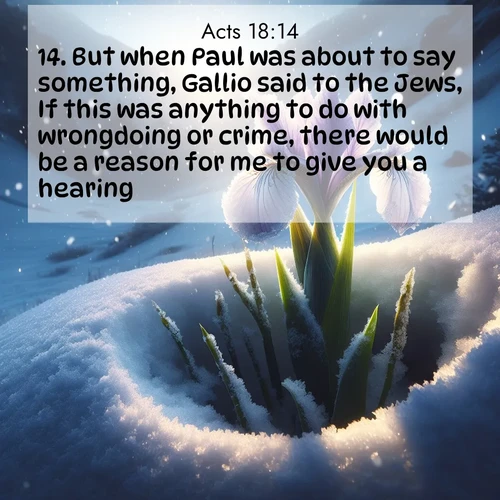 BasicEnglish Acts  ; image nature: image with the bible verse :But when Paul was about to say something, Gallio said to the Jews, If this was anything to do with wrongdoing or crime, there would be a reason for me to give you a hearing: ; Discover Bible images adorned with spring landscapes, like tulip fields, cherry blossoms, and green hills. These bright scenes symbolize God&#039;s renewal and grace. Download verses like KJV Acts 18:14. Current verse is overlayed with the thematic nature scene : Wild iris breaks through spring snow. Alpine light ignites petals. ; 18:14