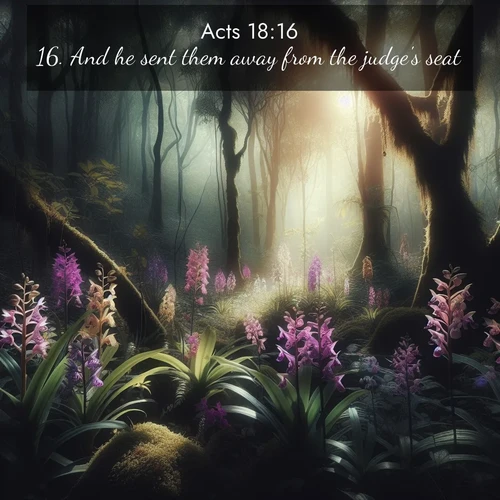BasicEnglish Acts  ; image nature: image with the bible verse :And he sent them away from the judge&#039;s seat. ; Dive into our collection of Bible verse images beautifully illustrated with beach photos, featuring gentle waves, sunsets over the sea, and sandy shores. These scenes evoke the peace and majesty of God. Download and share inspiring verses like KJV Acts 18:16. Current verse is overlayed with the thematic nature scene : Wild orchids bloom in forest shade. Filtered light reveals their grace. ; 18:16