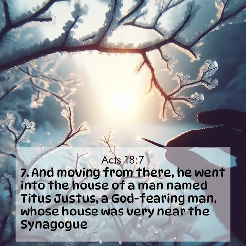 BasicEnglish Acts  ; image nature: image with the bible verse :And moving from there, he went into the house of a man named Titus Justus, a God-fearing man, whose house was very near the Synagogue. ; Download Bible verse images featuring vibrant photos of nature, from snowy landscapes to golden deserts. These free images are perfect for phone wallpapers, desktop backgrounds, or sharing. Verses include KJV Acts 18:7. Current verse is overlayed with the thematic nature scene : Winter sunrise glows through ice-coated branches. ; 18:7