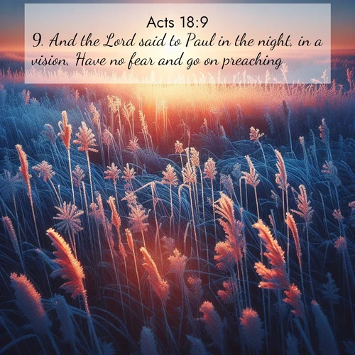 BasicEnglish Acts  ; image nature: image with the bible verse :And the Lord said to Paul in the night, in a vision, Have no fear and go on preaching: ; Dive into our collection of Bible verse images combined with sublime nature photos, such as graceful waterfalls, radiant sunsets, and endless meadows. These compositions highlight the peace and harmony of God&#039;s creation with vivid colors and carefully integrated text. Download and share verses like KJV Acts 18:9. Current verse is overlayed with the thematic nature scene : Winter sunrise illuminates frost-covered prairie grass. ; 18:9