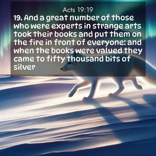 BasicEnglish Acts  ; image nature: image with the bible verse :And a great number of those who were experts in strange arts took their books and put them on the fire in front of everyone: and when the books were valued they came to fifty thousand bits of silver. ; Discover a gallery of Bible verse images showcasing the beauty of autumn, with golden leaves, red forests, and peaceful fields bathed in soft light. These soothing scenes are perfect for accompanying inspiring verses like KJV Acts 19:19. Current verse is overlayed with the thematic nature scene : An arctic fox hunts across windswept tundra. Northern lights paint its white coat in pastels. ; 19:19