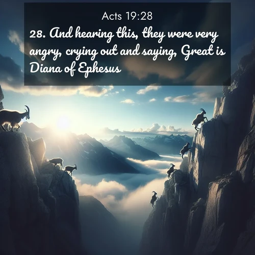 BasicEnglish Acts  ; image nature: image with the bible verse :And hearing this, they were very angry, crying out and saying, Great is Diana of Ephesus. ; Explore our vast collection of images featuring beautifully illustrated Bible verses accompanied by nature photos. Discover inspiring and motivating verses paired with soothing landscapes, like shimmering lakes, majestic mountains, and lush forests. Our images highlight the peaceful beauty of God&#039;s creation with vibrant colors and varied fonts. Download and share verse images like KJV Acts 19:28. Current verse is overlayed with the thematic nature scene : Mountain goats traverse sheer faces. Clouds part to reveal their path. ; 19:28