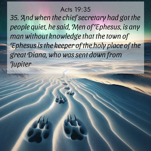 BasicEnglish Acts  ; image nature: image with the bible verse :And when the chief secretary had got the people quiet, he said, Men of Ephesus, is any man without knowledge that the town of Ephesus is the keeper of the holy place of the great Diana, who was sent down from Jupiter? ; Browse our collection of Bible verses paired with captivating photos of God’s creation, like crystal-clear lakes, majestic cliffs, and colorful skies. All images are free for download and sharing. Verse examples include KJV Acts 19:35. Current verse is overlayed with the thematic nature scene : Arctic fox tracks cross windswept tundra. Northern lights pulse overhead in cosmic rhythm. ; 19:35