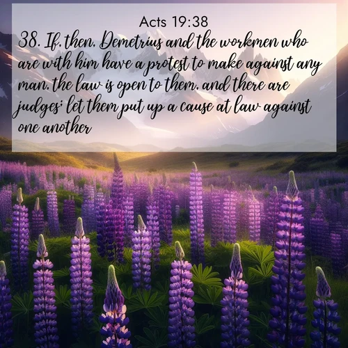 BasicEnglish Acts  ; image nature: image with the bible verse :If, then, Demetrius and the workmen who are with him have a protest to make against any man, the law is open to them, and there are judges; let them put up a cause at law against one another. ; Admire Bible images evoking autumn, with warm colors of fallen leaves, harvested fields, and tranquil woods. These inspiring landscapes reflect the transition and beauty of God&#039;s creation. Download verses like KJV Acts 19:38. Current verse is overlayed with the thematic nature scene : Wild lupines paint mountain meadows purple. Snow lingers on distant peaks. ; 19:38
