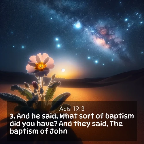 BasicEnglish Acts  ; image nature: image with the bible verse :And he said, What sort of baptism did you have? And they said, The baptism of John. ; Browse a large collection of Bible verse images with photos showcasing the splendor of nature. Scenes of peaceful rivers, verdant valleys, and radiant skies enhance the inspiring verses. Each image reflects the serenity and joy of God&#039;s creation, with elegant text fonts. Download and share verses such as KJV Acts 19:3. Current verse is overlayed with the thematic nature scene : Desert primrose opens to stars. Night wind carries sweet perfume. ; 19:3