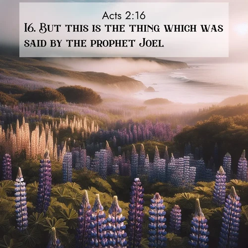 BasicEnglish Acts  ; image nature: image with the bible verse :But this is the thing which was said by the prophet Joel; ; Browse our collection of vibrant Bible verse images set against calming backdrops like tropical shores, quiet woods, and majestic mountains. Download free wallpapers featuring KJV Acts 2:16. Current verse is overlayed with the thematic nature scene : Wild lupines carpet a coastal meadow. Ocean fog rolls in on silent feet. ; 2:16