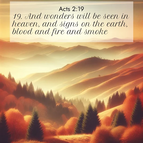 BasicEnglish Acts  ; image nature: image with the bible verse :And wonders will be seen in heaven, and signs on the earth, blood and fire and smoke: ; Browse beautiful Bible verse images accompanied by peaceful scenes like calm seas, ancient forests, and radiant horizons. Download high-quality, free images featuring verses such as KJV Acts 2:19. Current verse is overlayed with the thematic nature scene : Autumn colors paint hillsides in warm earth tones. ; 2:19