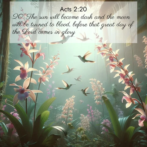 BasicEnglish Acts  ; image nature: image with the bible verse :The sun will become dark and the moon will be turned to blood, before that great day of the Lord comes in glory: ; Browse Bible images illustrated by desert landscapes, with endless skies, golden dunes, and isolated palm trees. These images evoke the calm and grandeur of God&#039;s creation. Download inspiring verses like KJV Acts 2:20. Current verse is overlayed with the thematic nature scene : Wild orchids bloom in rainforest canopy. Hummingbirds dance between delicate petals. ; 2:20