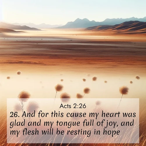 BasicEnglish Acts  ; image nature: image with the bible verse :And for this cause my heart was glad and my tongue full of joy, and my flesh will be resting in hope: ; Browse our library of beautiful Bible verse images, perfect for wallpapers or sharing. Each verse is paired with serene natural landscapes like misty mountains, calming beaches, and colorful sunsets. Download and enjoy verses such as KJV Acts 2:26. Current verse is overlayed with the thematic nature scene : Autumn wind sends tumbleweeds dancing across the prairie. ; 2:26