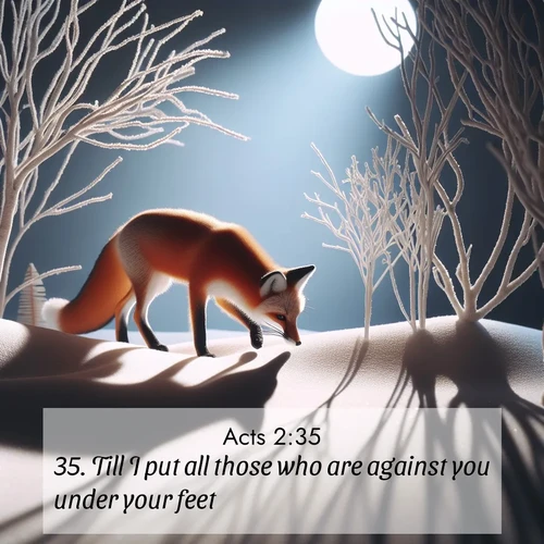 BasicEnglish Acts  ; image nature: image with the bible verse :Till I put all those who are against you under your feet. ; Dive into our collection of Bible verse images beautifully illustrated with beach photos, featuring gentle waves, sunsets over the sea, and sandy shores. These scenes evoke the peace and majesty of God. Download and share inspiring verses like KJV Acts 2:35. Current verse is overlayed with the thematic nature scene : A red fox hunts through pristine snow. Moon shadows dance between bare trees. ; 2:35
