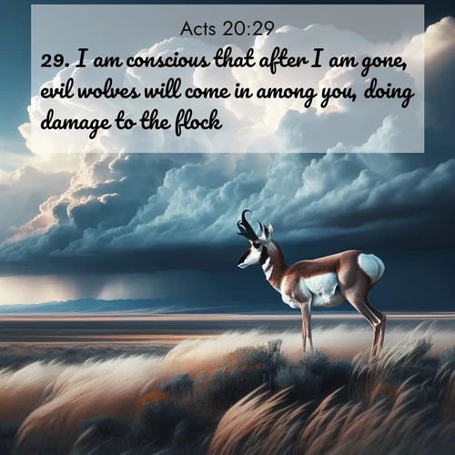 BasicEnglish Acts  ; image nature: image with the bible verse :I am conscious that after I am gone, evil wolves will come in among you, doing damage to the flock; ; Browse Bible images illustrated by desert landscapes, with endless skies, golden dunes, and isolated palm trees. These images evoke the calm and grandeur of God&#039;s creation. Download inspiring verses like KJV Acts 20:29. Current verse is overlayed with the thematic nature scene : A pronghorn pauses on wind-swept plains. Storm clouds build dark towers above. ; 20:29