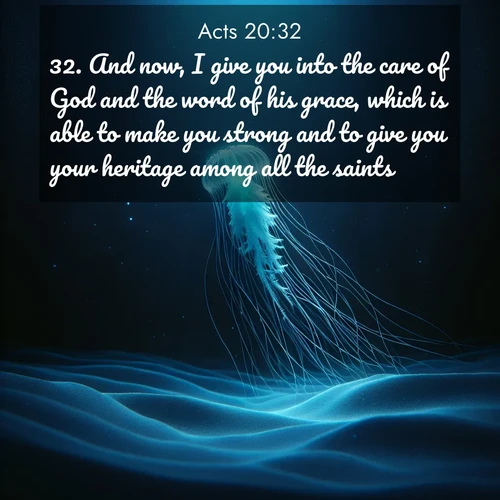 BasicEnglish Acts  ; image nature: image with the bible verse :And now, I give you into the care of God and the word of his grace, which is able to make you strong and to give you your heritage among all the saints. ; Explore our vast collection of images featuring beautifully illustrated Bible verses accompanied by nature photos. Discover inspiring and motivating verses paired with soothing landscapes, like shimmering lakes, majestic mountains, and lush forests. Our images highlight the peaceful beauty of God&#039;s creation with vibrant colors and varied fonts. Download and share verse images like KJV Acts 20:32. Current verse is overlayed with the thematic nature scene : A lone jellyfish pulses through midnight waters. Its bioluminescent tendrils paint trails of azure light in the depths. ; 20:32