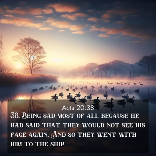 BasicEnglish Acts  ; image nature: image with the bible verse :Being sad most of all because he had said that they would not see his face again. And so they went with him to the ship. ; Discover our curated gallery of Bible verse images with breathtaking scenery, from tranquil deserts to lush green pastures. Perfect for phone wallpapers or sharing online. Download verses like KJV Acts 20:38. Current verse is overlayed with the thematic nature scene : Wild geese rest on still waters. Dawn mist rises like dreams. ; 20:38