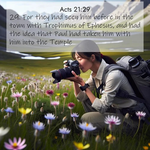 BBE Acts 21:29 overlaying nature image scene: A naturalist photographs rare blooms. Alpine winds toss wildflower meadows.;29. For they had seen him before in the town with Trophimus of Ephesus, and had the idea that Paul had taken him with him into the Temple.