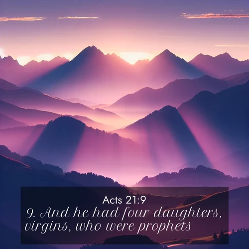 BBE Acts 21:9 overlaying nature image scene: Morning sun ignites mountain peaks. Valleys still sleep in purple shadow.;9. And he had four daughters, virgins, who were prophets.
