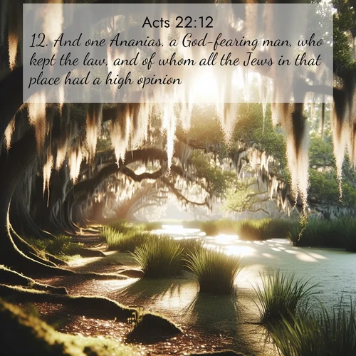 BBE Acts 22:12 overlaying nature image scene: Summer afternoon light filters through Spanish moss in a bayou.;12. And one Ananias, a God-fearing man, who kept the law, and of whom all the Jews in that place had a high opinion,