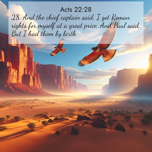 BasicEnglish Acts  ; image nature: image with the bible verse :And the chief captain said, I got Roman rights for myself at a great price. And Paul said, But I had them by birth. ; Dive into our collection of Bible verse images beautifully illustrated with beach photos, featuring gentle waves, sunsets over the sea, and sandy shores. These scenes evoke the peace and majesty of God. Download and share inspiring verses like KJV Acts 22:28. Current verse is overlayed with the thematic nature scene : Desert hawks soar thermal currents. Red cliffs catch golden light. ; 22:28