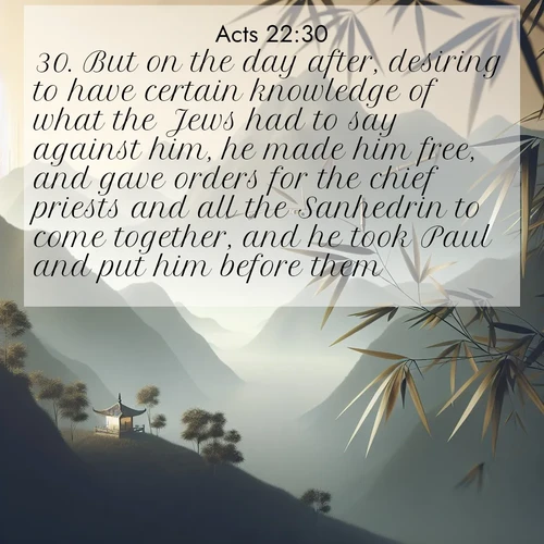 BBE Acts 22:30 overlaying nature image scene: Bamboo leaves whisper secrets in mountain wind. A temple bell rings in the distance.;30. But on the day after, desiring to have certain knowledge of what the Jews had to say against him, he made him free, and gave orders for the chief priests and all the Sanhedrin to come together, and he took Paul and put him before them.