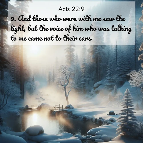 BBE Acts 22:9 overlaying nature image scene: Morning mist rises from a hot spring in a snow-covered forest.;9. And those who were with me saw the light, but the voice of him who was talking to me came not to their ears.